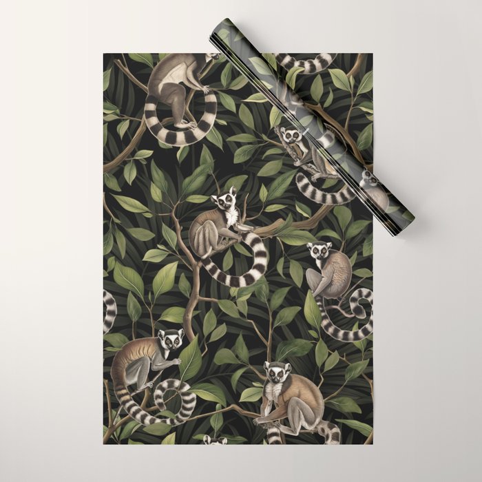 Lush Tropical Lemur Monkey Paradise Black Wrapping Paper Gallery Image 1