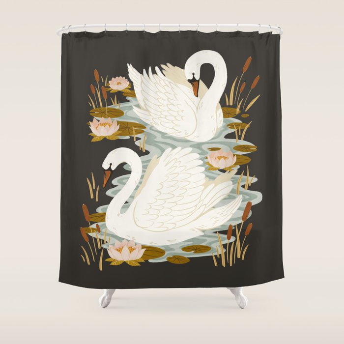 Swan Dance - Charcoal Black Background Shower Curtain Gallery Image 1