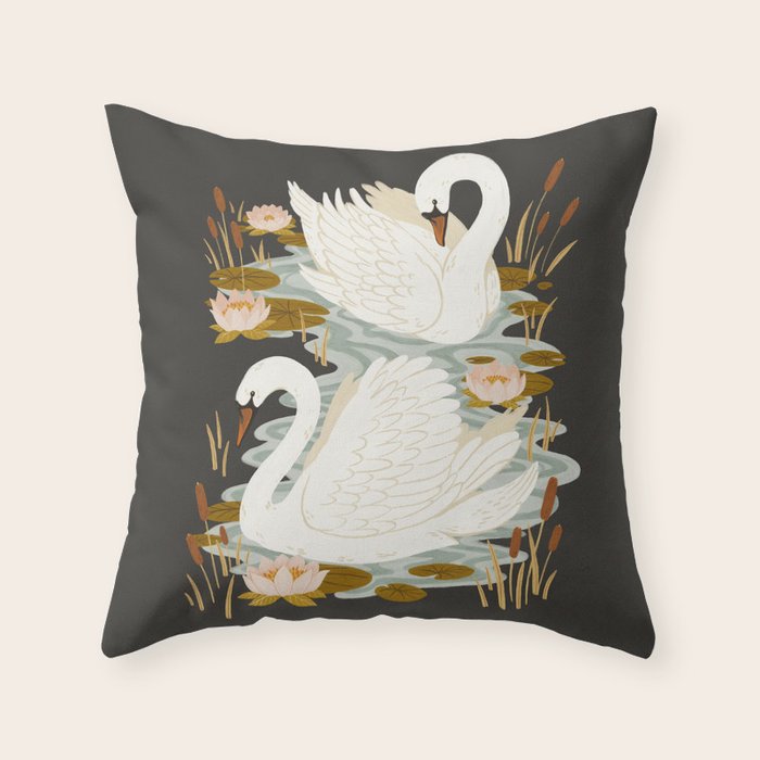 Swan Dance - Charcoal Black Background Throw Pillow Gallery Image 6