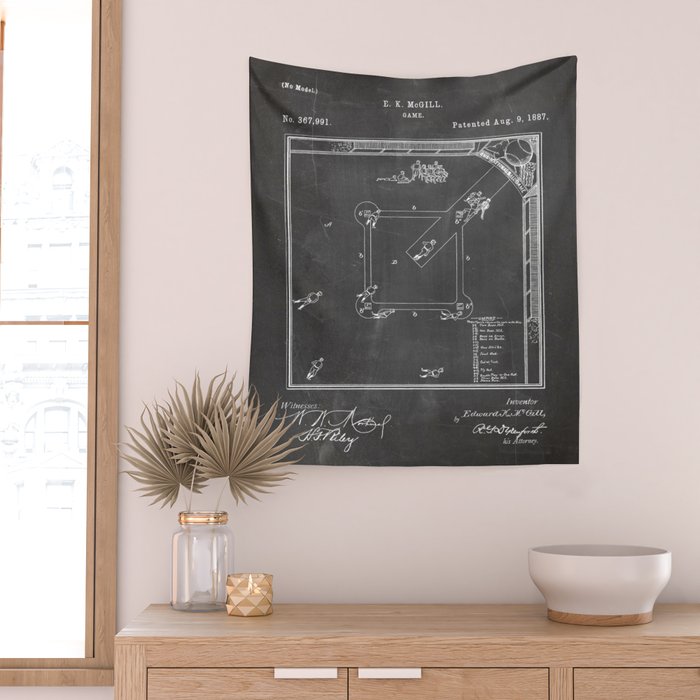 Baseball Patent - Sports Fan Softball Baseball Art - Black Chalkboard Wall Tapestry Gallery Image 2