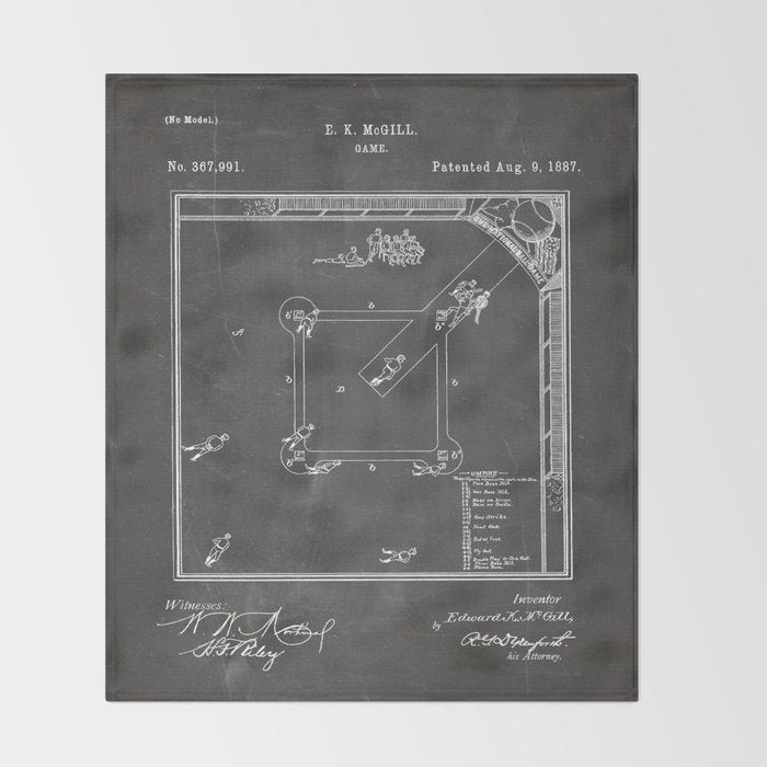 Baseball Patent - Sports Fan Softball Baseball Art - Black Chalkboard Throw Blanket Gallery Image 2