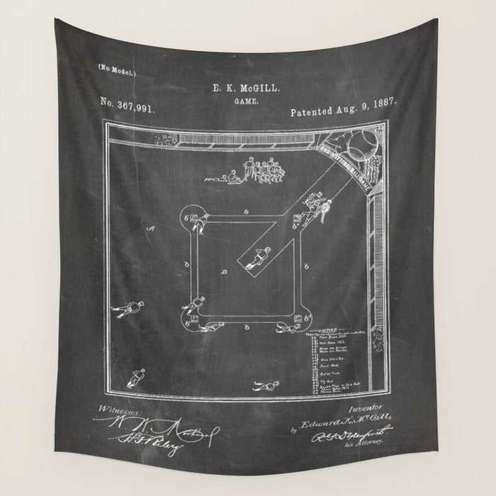 Baseball Patent - Sports Fan Softball Baseball Art - Black Chalkboard Wall Tapestry Gallery Image 4
