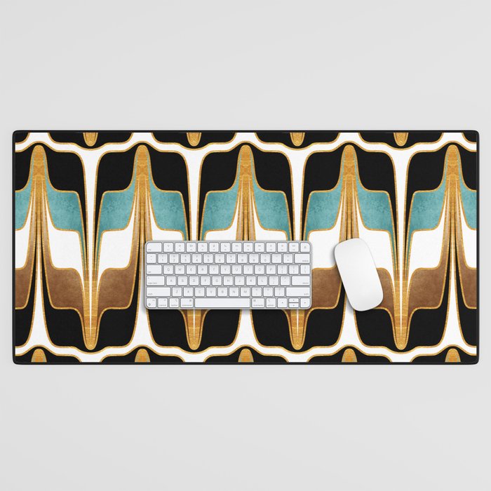 Mid Century Modern Liquid Watercolor Abstract / Faux Gold, Ocean Blue Teal, Brown, Black, White/ V1 Desk Mat Gallery Image 1