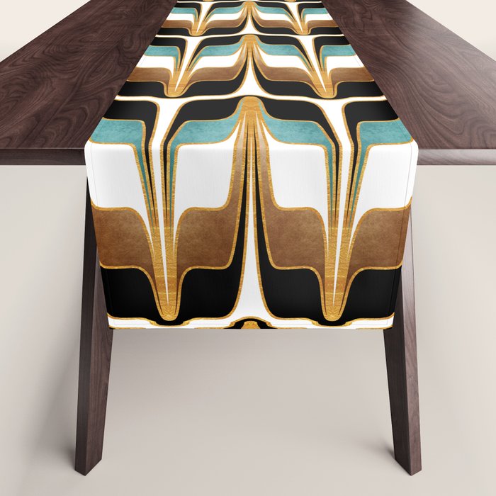Mid Century Modern Liquid Watercolor Abstract / Faux Gold, Ocean Blue Teal, Brown, Black, White/ V1 Table Runner Gallery Image 1