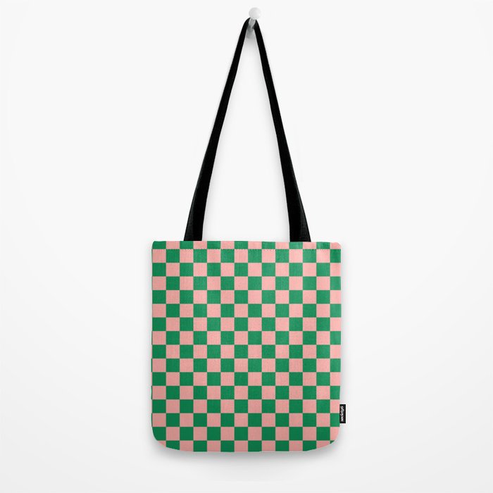 Checkerboard Mini Check Checkered Pattern Green and Pink Tote Bag Gallery Image 2