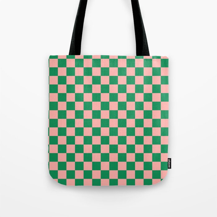 Checkerboard Mini Check Checkered Pattern Green and Pink Tote Bag Gallery Image 1