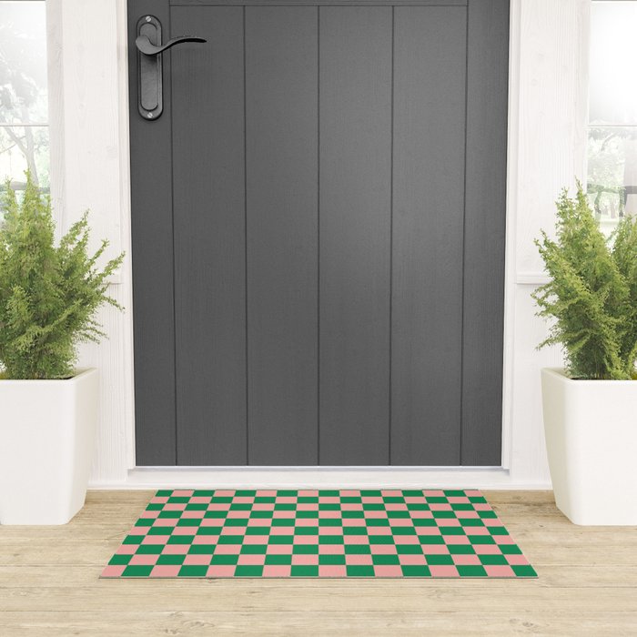 Checkerboard Mini Check Checkered Pattern Green and Pink Welcome Mat Gallery Image 3