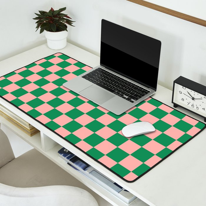 Checkerboard Mini Check Checkered Pattern Green and Pink Desk Mat Gallery Image 2