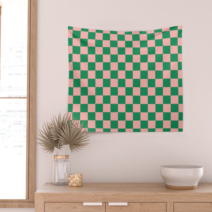 Checkerboard Mini Check Checkered Pattern Green and Pink Wall Tapestry Gallery Image 2