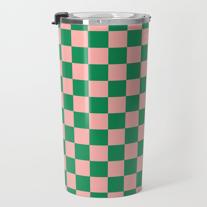 Checkerboard Mini Check Checkered Pattern Green and Pink Travel Mug Gallery Image 3