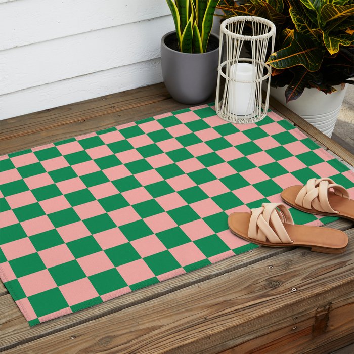 Checkerboard Mini Check Checkered Pattern Green and Pink Outdoor Rug Gallery Image 2