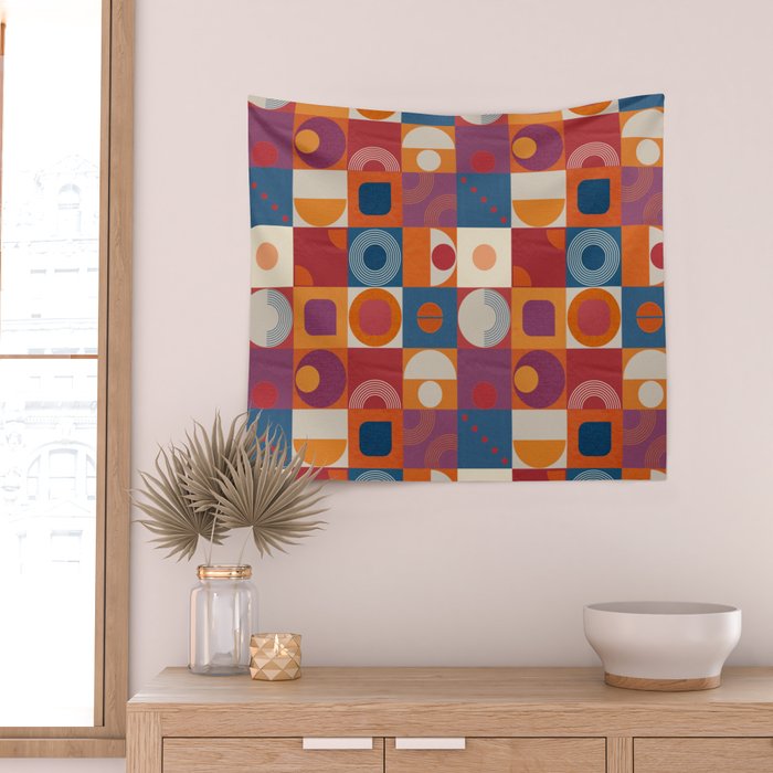 Retro Geo Textile Mid Century Pattern Wall Tapestry Gallery Image 2