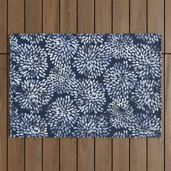 Abstract Navy Watercolor Line Flowers Outdoor Rug Gallery Image 1
