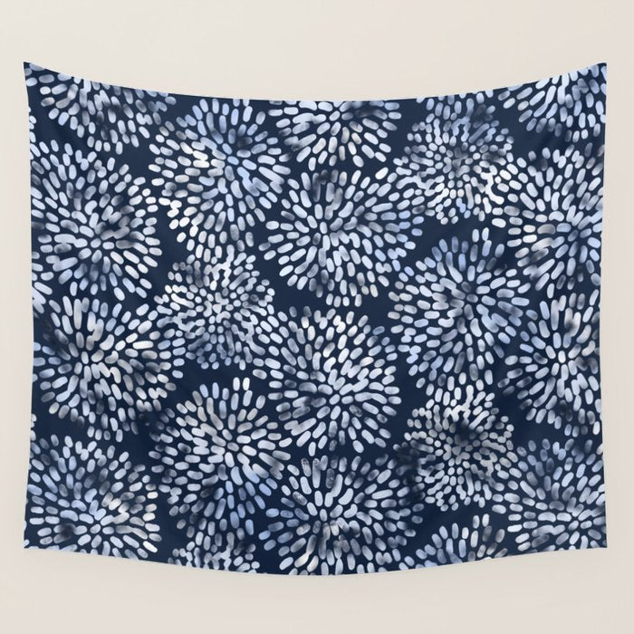 Abstract Navy Watercolor Line Flowers Wall Tapestry Gallery Image 4