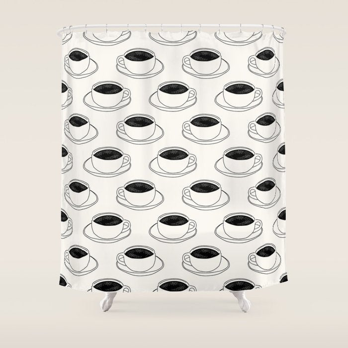 Black and white coffee drink mug doodle pattern Shower Curtain Gallery Image 1