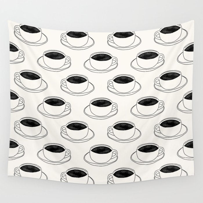 Black and white coffee drink mug doodle pattern Wall Tapestry Gallery Image 4