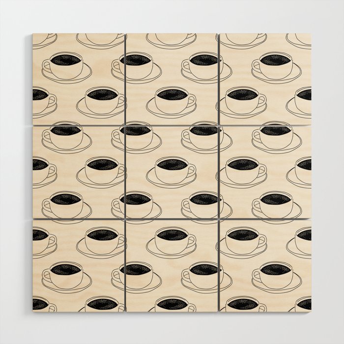 Black and white coffee drink mug doodle pattern Wood Wall Art Gallery Image 1