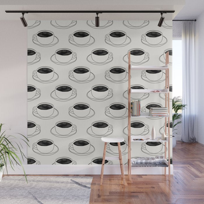 Black and white coffee drink mug doodle pattern Wall Mural Gallery Image 1