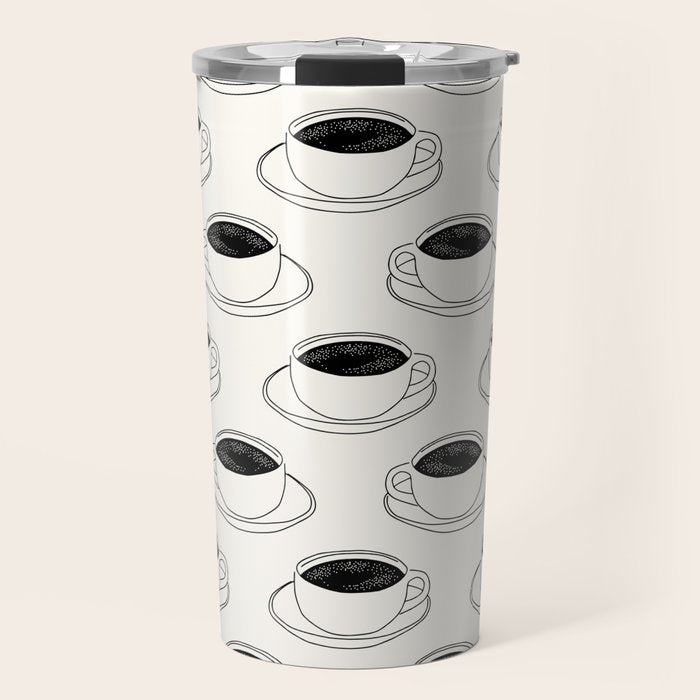 Black and white coffee drink mug doodle pattern Travel Mug Gallery Image 1