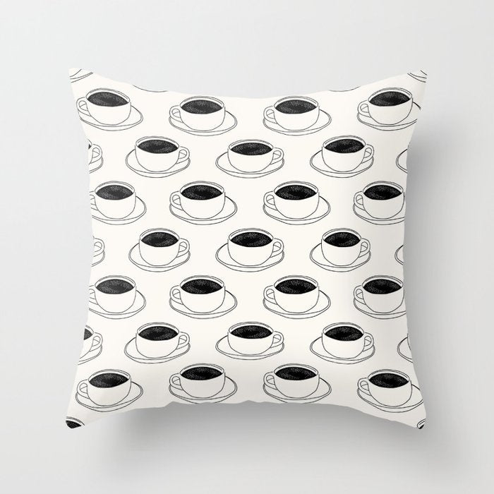 Black and white coffee drink mug doodle pattern Throw Pillow Gallery Image 1