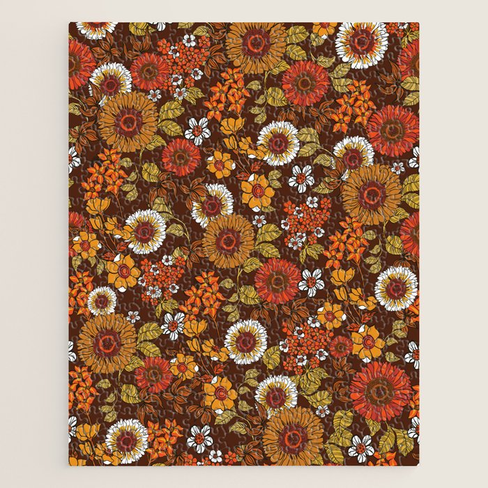 70s retro ditzy flowers, boho, browns, orange, hippie Jigsaw Puzzle Gallery Image 1