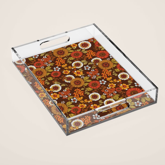 70s retro ditzy flowers, boho, browns, orange, hippie Acrylic Tray Gallery Image 1