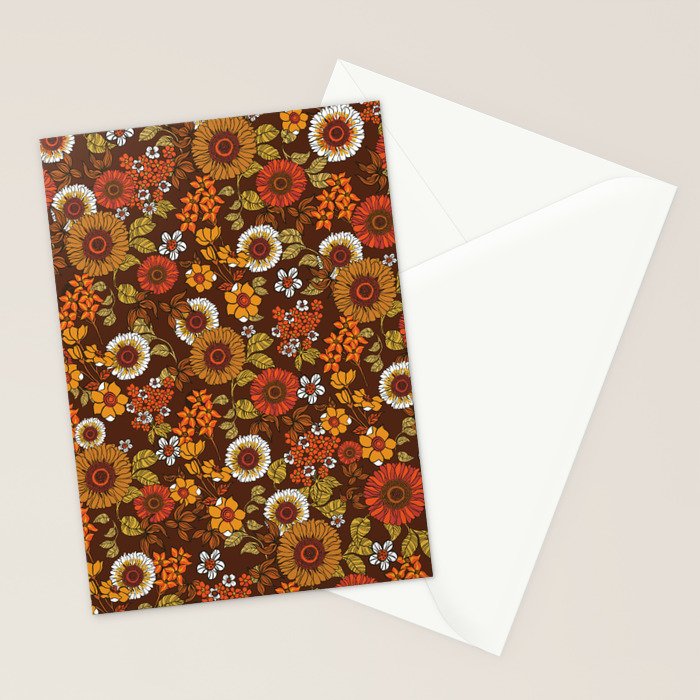 70s retro ditzy flowers, boho, browns, orange, hippie Stationery Card Gallery Image 2
