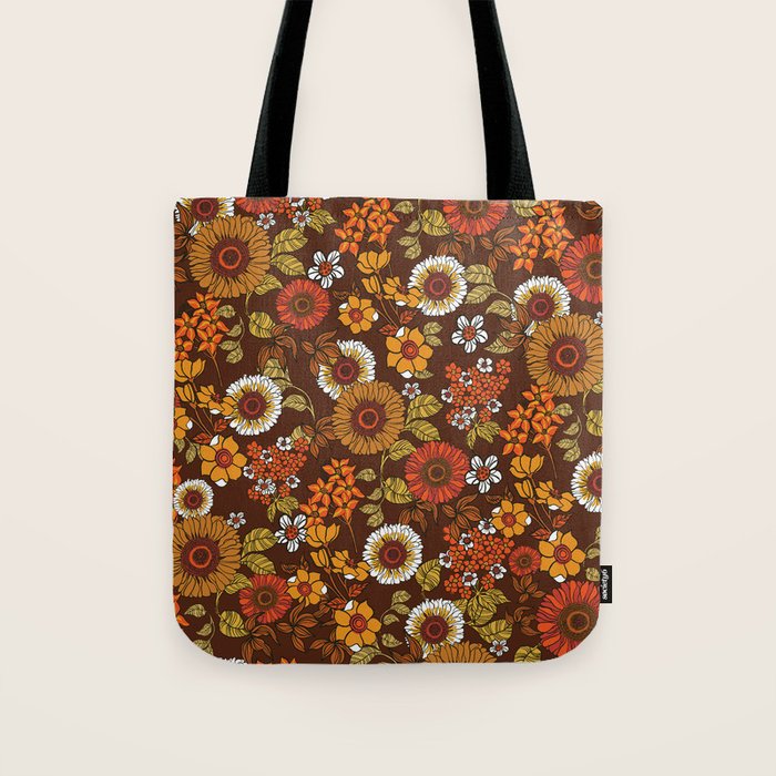 70s retro ditzy flowers, boho, browns, orange, hippie Tote Bag Gallery Image 1