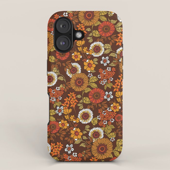 70s retro ditzy flowers, boho, browns, orange, hippie iPhone Case