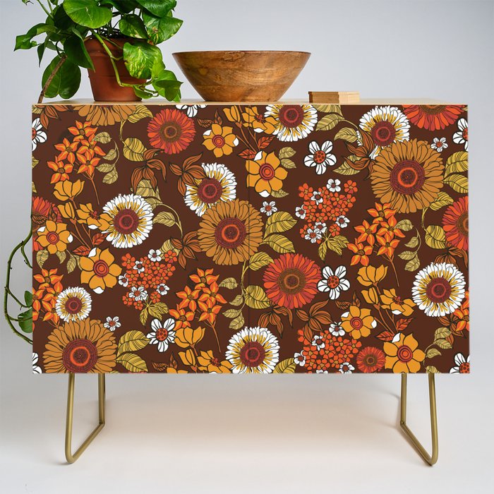 70s retro ditzy flowers, boho, browns, orange, hippie Credenza Gallery Image 1
