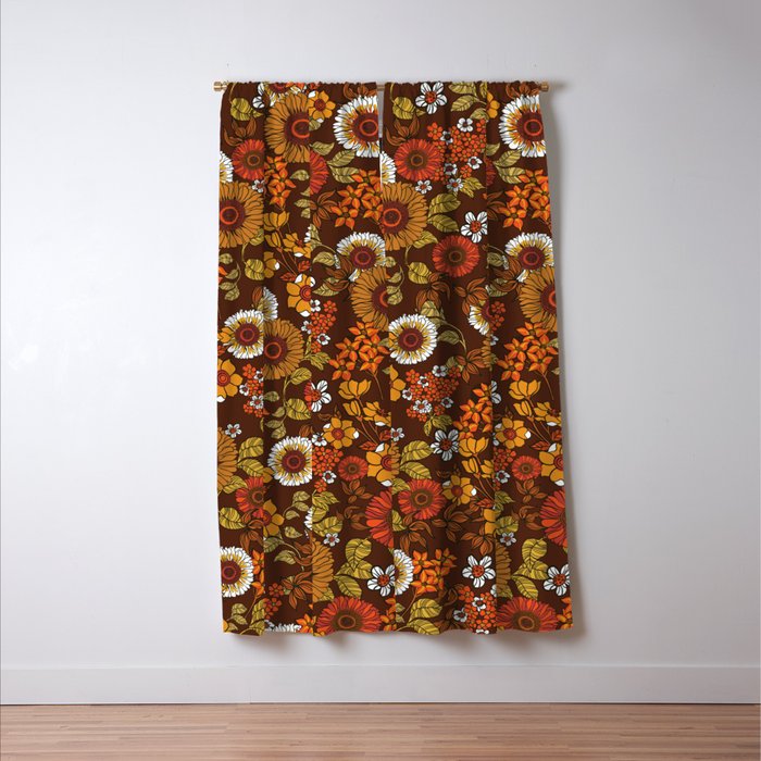 70s retro ditzy flowers, boho, browns, orange, hippie Window Curtain Gallery Image 3