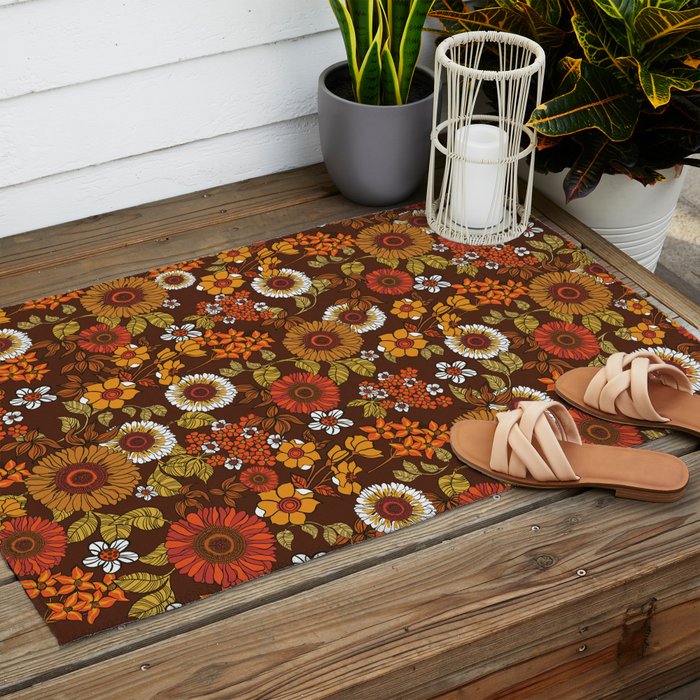 70s retro ditzy flowers, boho, browns, orange, hippie Outdoor Rug Gallery Image 2