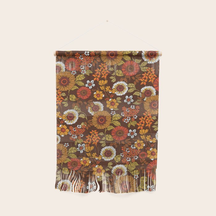 70s retro ditzy flowers, boho, browns, orange, hippie Wall Hanging Gallery Image 1