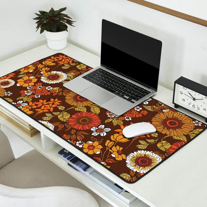 70s retro ditzy flowers, boho, browns, orange, hippie Desk Mat Gallery Image 2