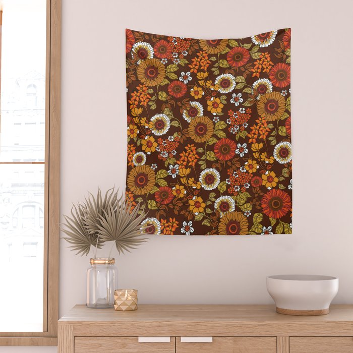 70s retro ditzy flowers, boho, browns, orange, hippie Wall Tapestry Gallery Image 2