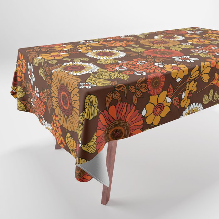 70s retro ditzy flowers, boho, browns, orange, hippie Tablecloth Gallery Image 1