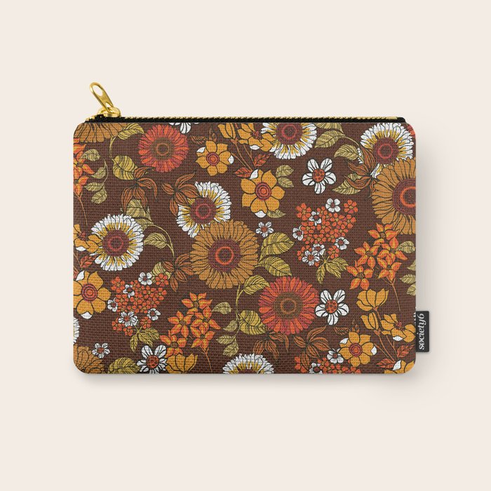 70s retro ditzy flowers, boho, browns, orange, hippie Carry All Pouch Gallery Image 1