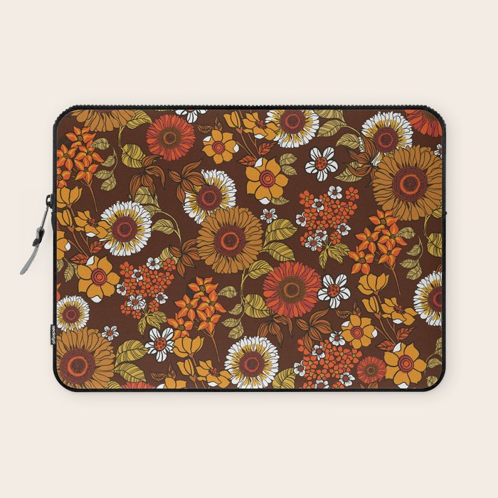 70s retro ditzy flowers, boho, browns, orange, hippie Laptop Sleeve Gallery Image 1