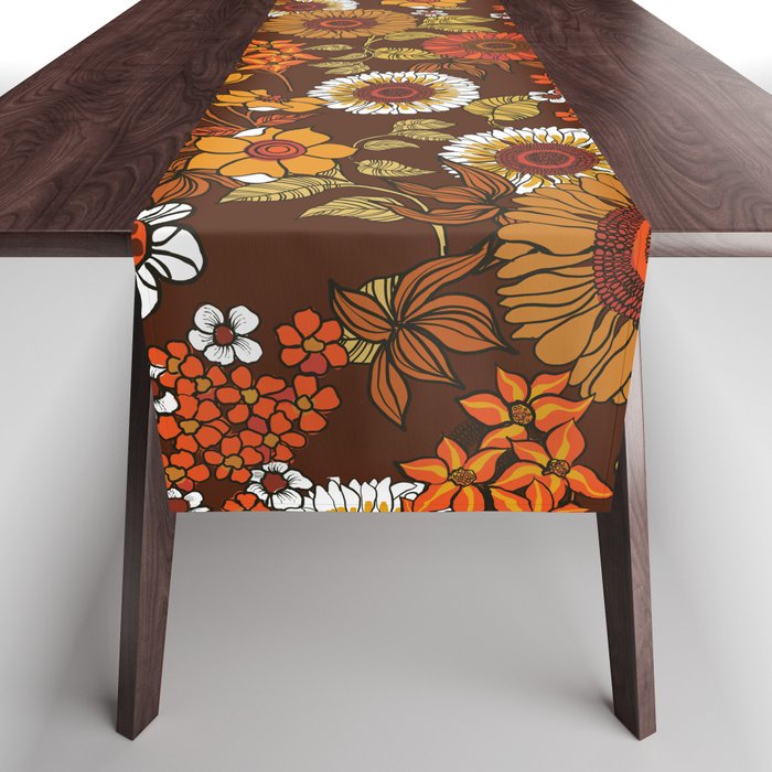 70s retro ditzy flowers, boho, browns, orange, hippie Table Runner Gallery Image 1