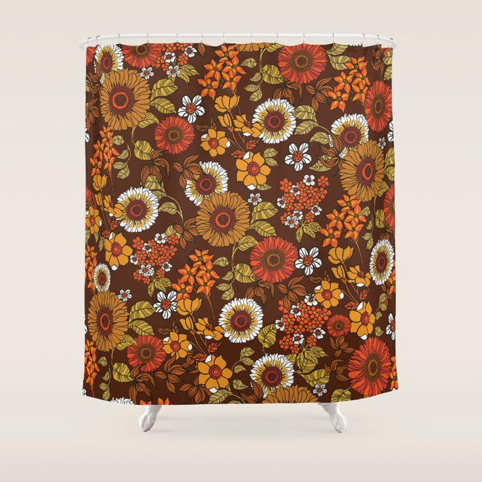 70s retro ditzy flowers, boho, browns, orange, hippie Shower Curtain Gallery Image 1