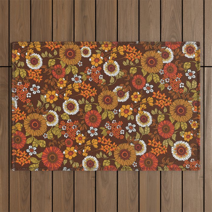 70s retro ditzy flowers, boho, browns, orange, hippie Outdoor Rug Gallery Image 1