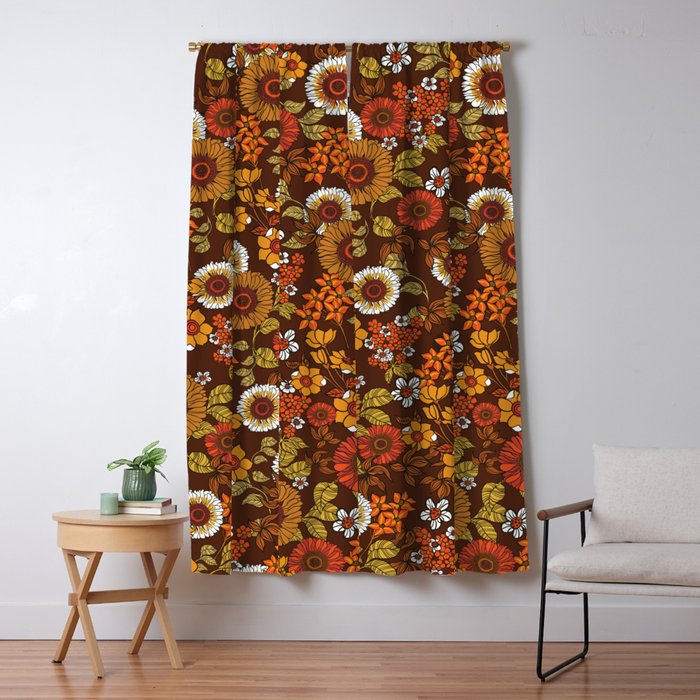 70s retro ditzy flowers, boho, browns, orange, hippie Window Curtain Gallery Image 1