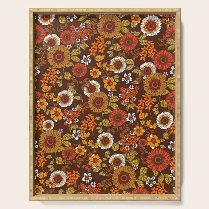 70s retro ditzy flowers, boho, browns, orange, hippie Serving Tray Gallery Image 1