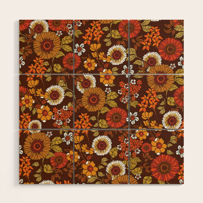 70s retro ditzy flowers, boho, browns, orange, hippie Wood Wall Art Gallery Image 1