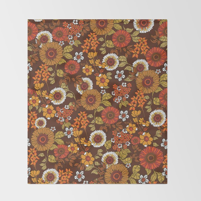 70s retro ditzy flowers, boho, browns, orange, hippie Throw Blanket Gallery Image 2