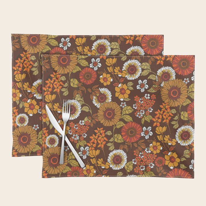 70s retro ditzy flowers, boho, browns, orange, hippie Placemat Gallery Image 1