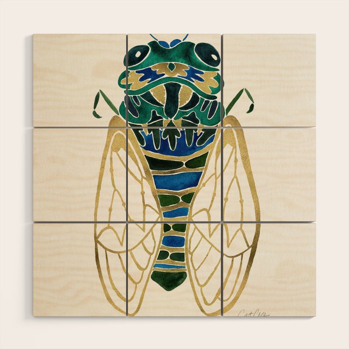 Green & Gold Cicada Wood Wall Art Gallery Image 1