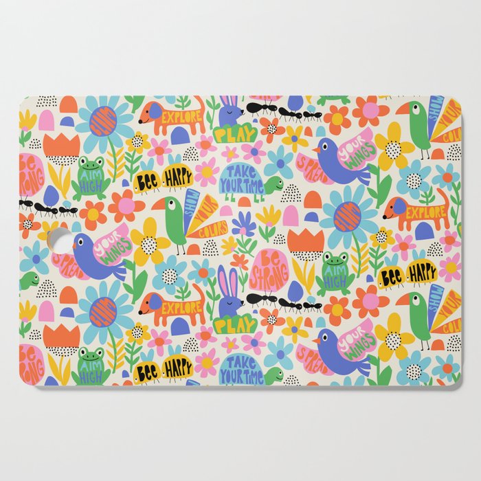 Playful Meadow Cute Animals with Motivational Affirmations - Bright Rainbow Cutting Board Gallery Image 1