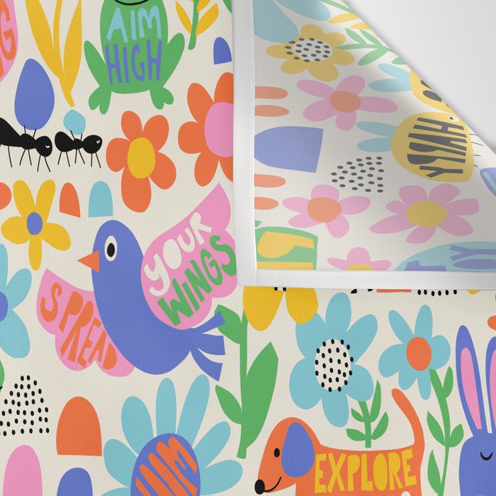 Playful Meadow Cute Animals with Motivational Affirmations - Bright Rainbow Wall Tapestry Gallery Image 3