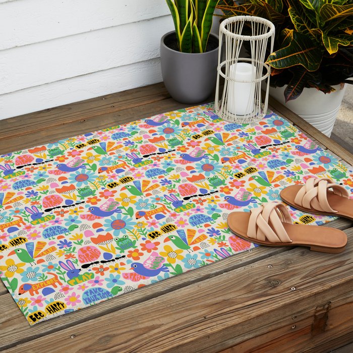 Playful Meadow Cute Animals with Motivational Affirmations - Bright Rainbow Outdoor Rug Gallery Image 2